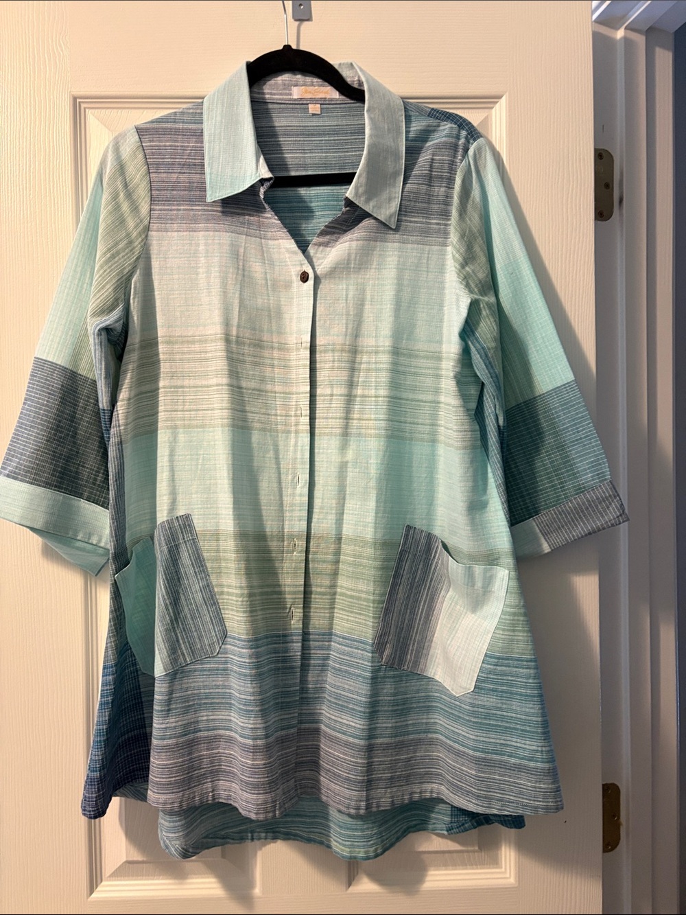 Light Aqua Striped Button-Front Women's Top